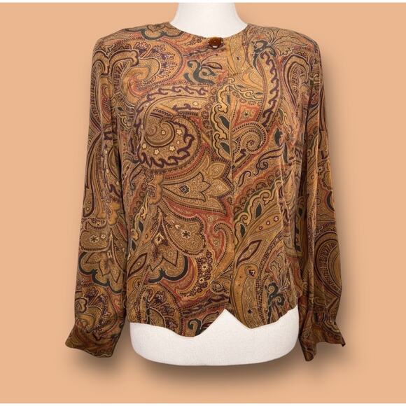 Vintage 90s Liz Claiborne Size 4P Brown Silk Paisley Blouse Top Career Work - Picture 11 of 11